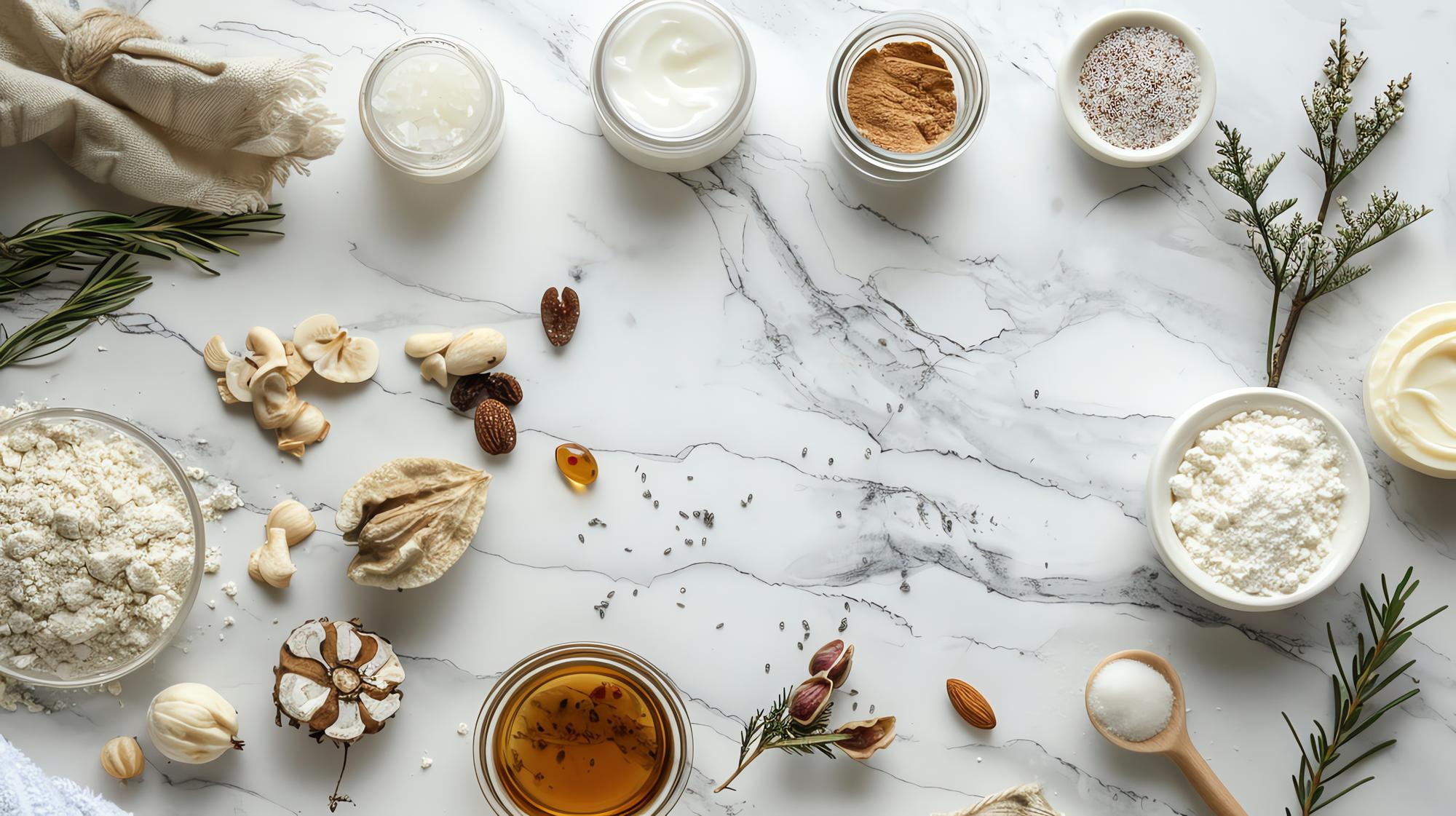 Close-up of premium ingredients on marble