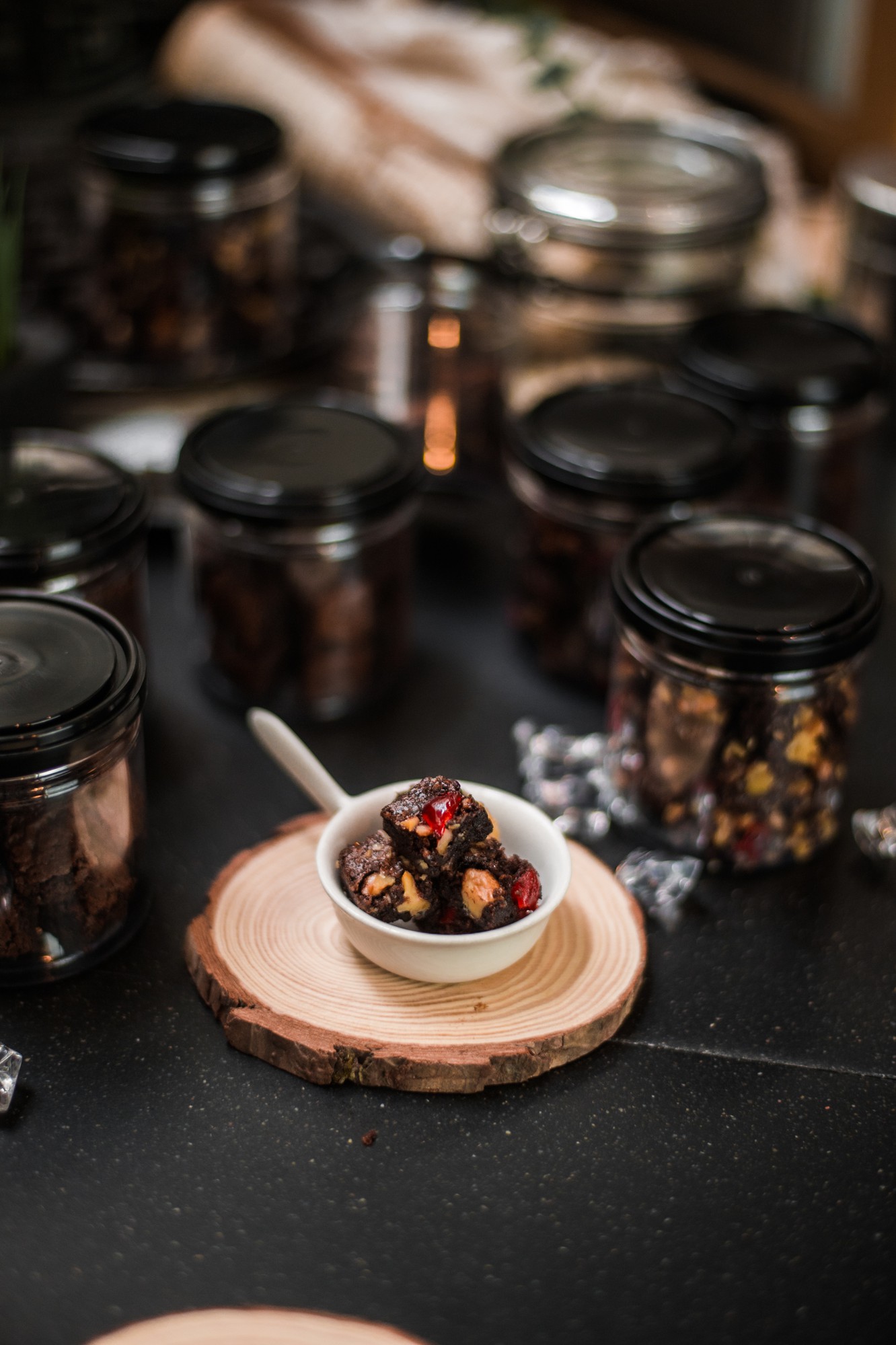 Curated pantry items on dark surface